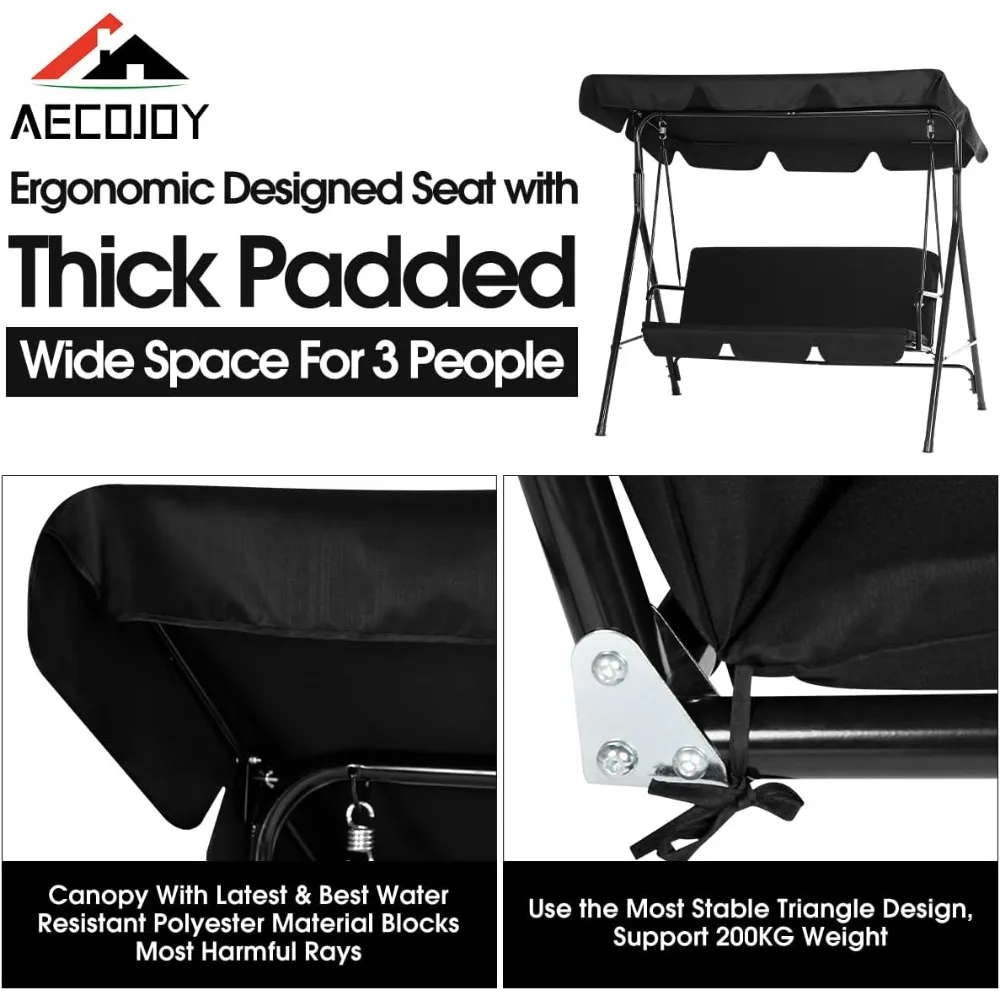 أرجوحة الشرفة الخارجية ذات 3 مقاعد مع مظلة قابلة للتعديل ووسائد قابلة للإزالة للبالغين، مقعد أرجوحة مريح للاسترخاء