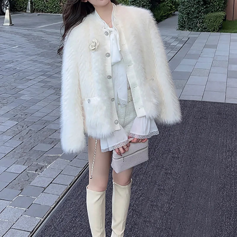 Francuski elegancki okrągły kołnierzyk z długim rękawem jednorzędowe luźne na co dzień dopasowane płaszcze ze sztucznego futra damskie kurtki zimowe