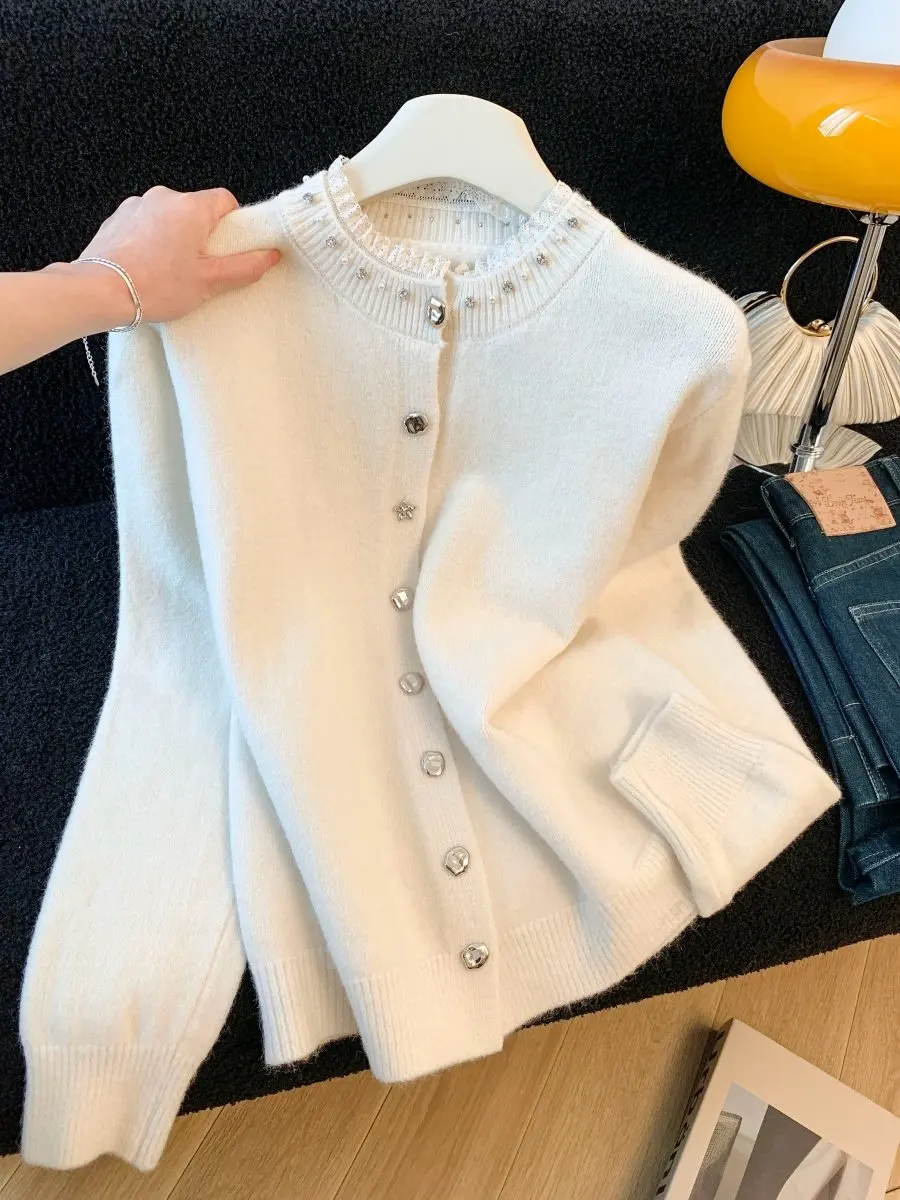 

Мягкий уютный женский свитер-жакет с кружевной отделкой, тяжелой вышивкой, для ленивого стиля, многослойный, зимняя верхняя одежда, повседневный, с завышенной талией