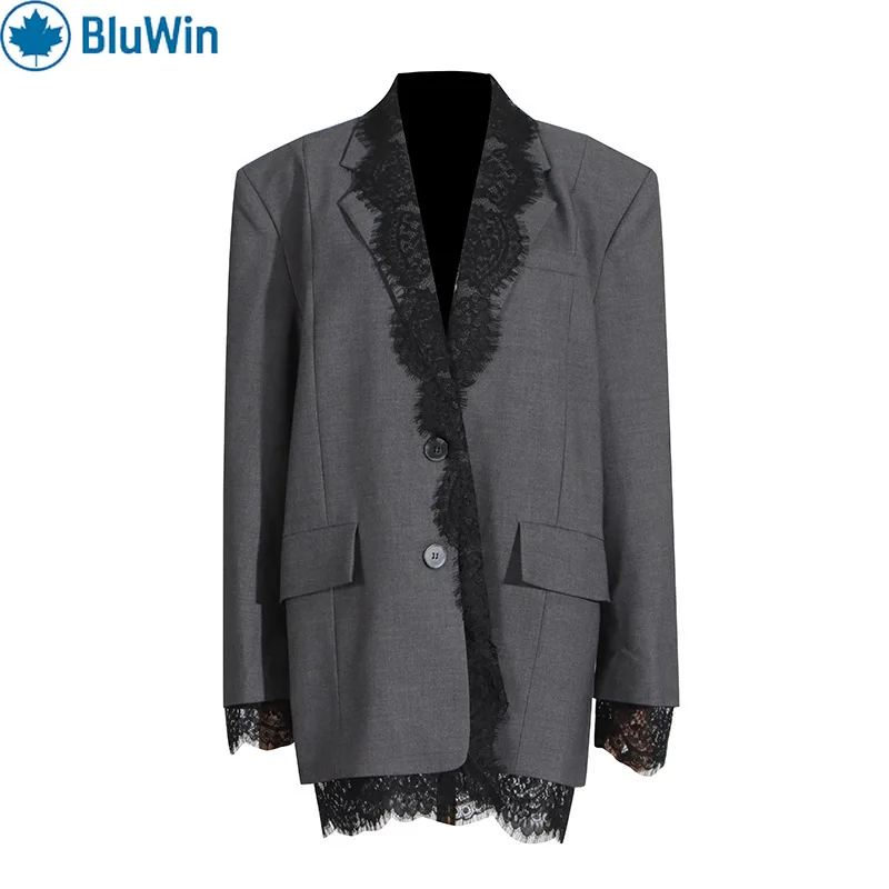 

URBANCHIC корейский модный кружевной лоскутный блейзер женский 2025 новый большой пиджак с длинными рукавами шикарное дизайнерское пальто