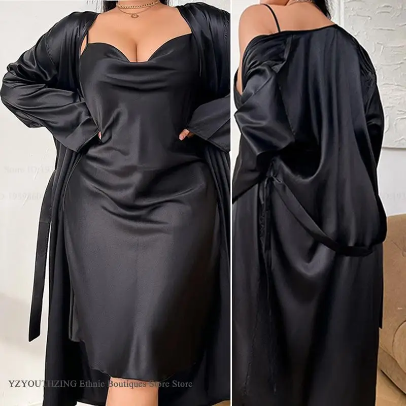 

Plus Size Female Long Twinset Robe Set Loungewear Elegant Ice Silk Kimono Bathrobe Gown Loose Casual Sleewpear Home Dress Pijama