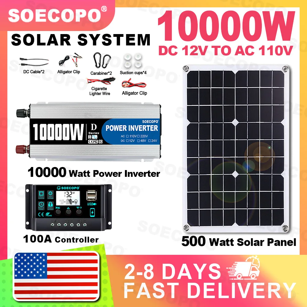 

(Delivery within 2-8 days)SOECOPO 10000W Portable System Set DC 12V to AC 110V Inverter 500W Solar Panel 100A Controller Camping