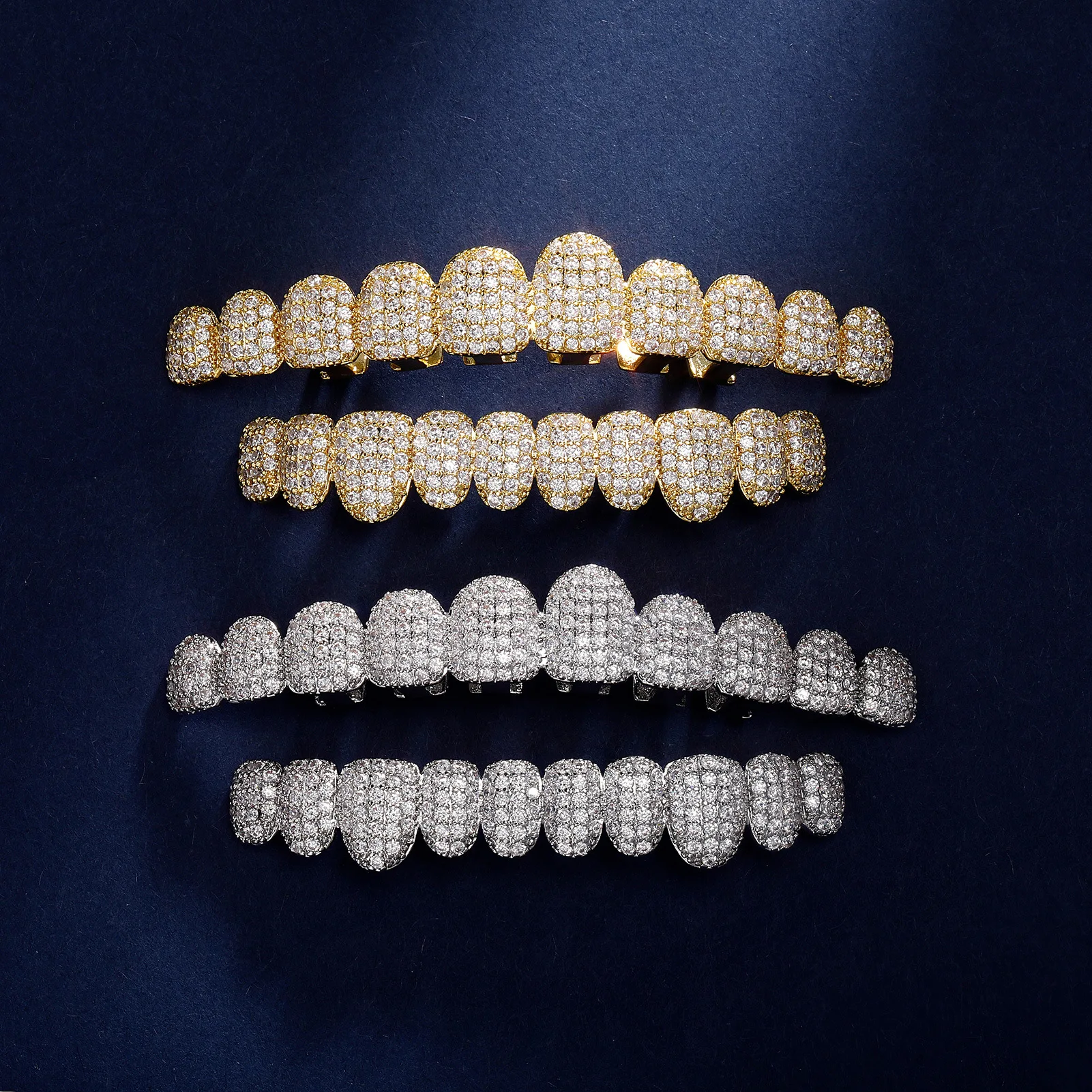 

More Longer Shape Iced Out Teeth Grillz Hip Hop 10/10 Top & Bottom Grills Dental Mouth Punk Teeth Caps Cosplay Party TG103