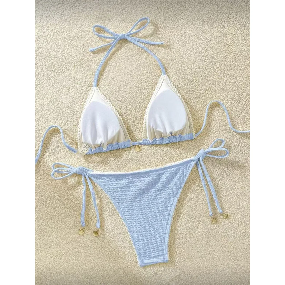Zweiteiliges Bikini-Set mit hoch geschnittenen Beinen, Badeanzug, Badebekleidung, geraffter, knitteriger Halter-Bikini, Damen-Badebekleidung, Damen-Badeanzug M125 – Detail 4