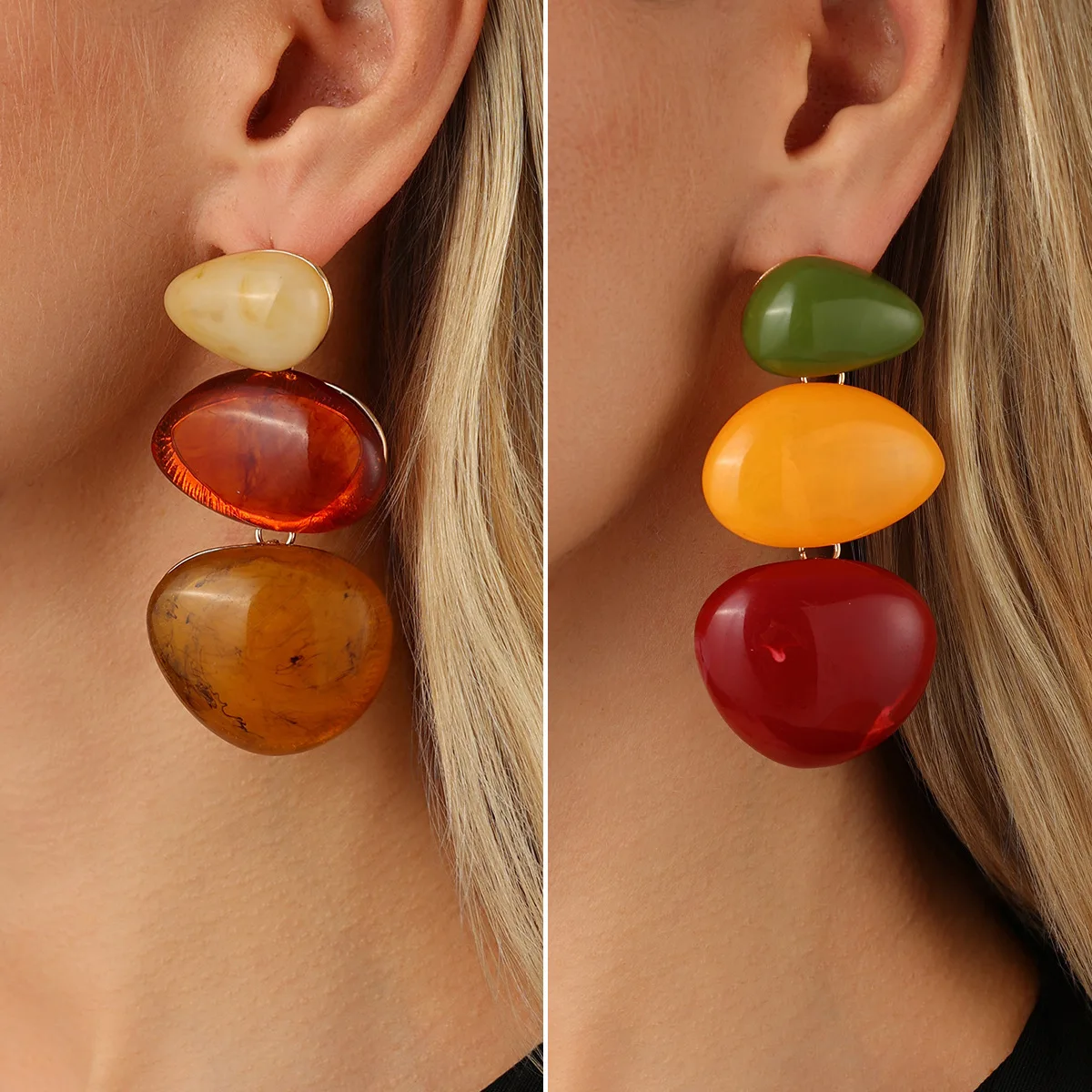 Vintage Chunky Amber Marble Resin Drop Earrings for Women 3 Tier Pebble Block Colorblock Resin Statement Earrings