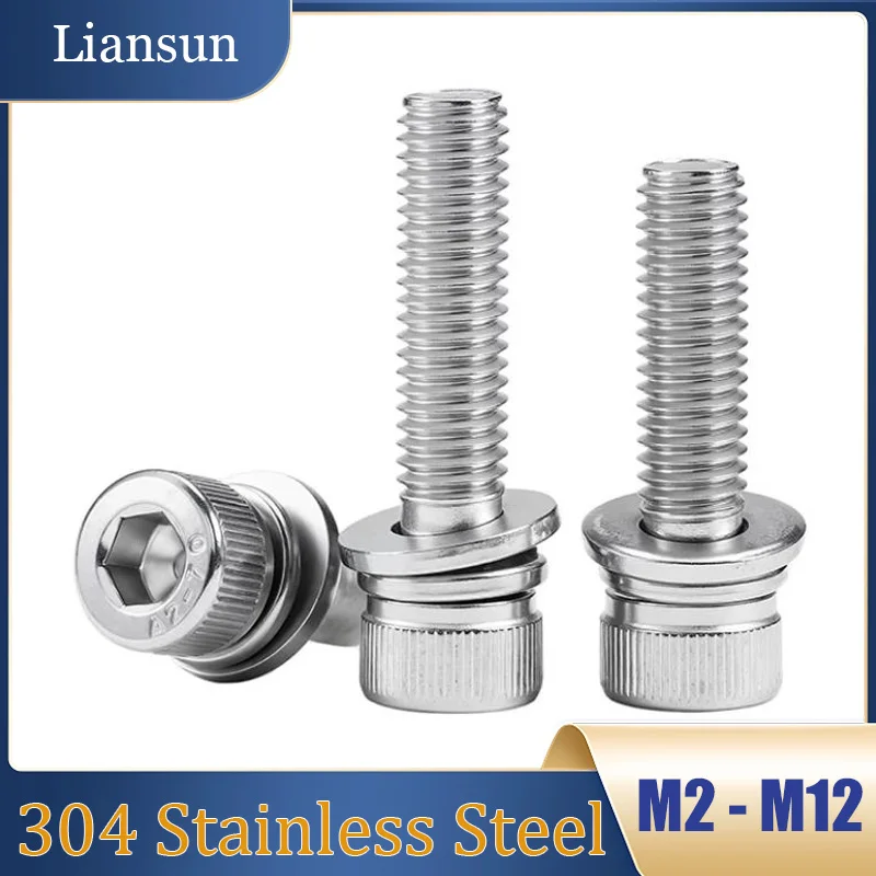 Hexagonal Cylindrical Head Combination Screws SEM Bolts M2 M2.5 M3 M4 M5 M6 M8 M10 M12 304 Stainless Steel Combination Screws