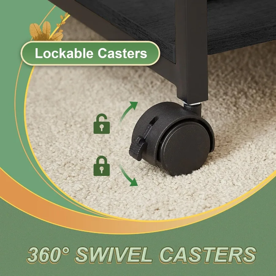 حامل طابعة كبير بعجلات مكسرة، وخزانة ملفات مثبتة على الجانب مع درجين قماشين كبيرين، أسود.