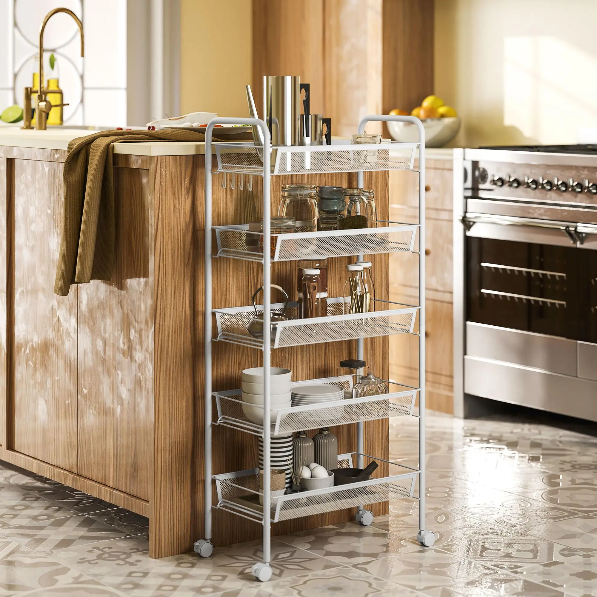 Carrito de almacenamiento de acero inoxidable blanco de 5 niveles con ruedas, apilable, para cocina, oficina, garaje y artículos diversos.