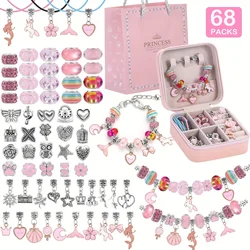 Kit para hacer pulseras con dijes de cuentas de 68 Uds., caja de regalo para hacer collares y pulseras con cuentas DIY, conjunto de regalos con dijes de la serie Unicorn & Mermaid