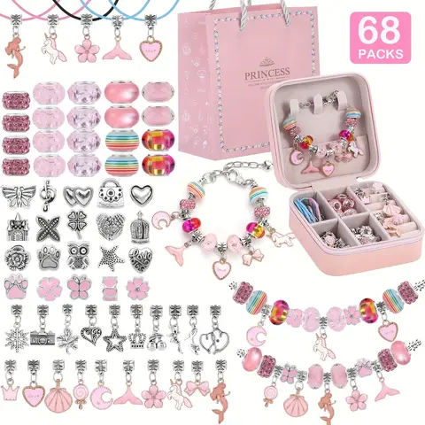 Kit de fabrication de bracelets à breloques en perles, 68 pièces, boîte-cadeau pour la fabrication de colliers et de bracelets en perles, ensemble de cadeaux à breloques de la série licorne et sirène