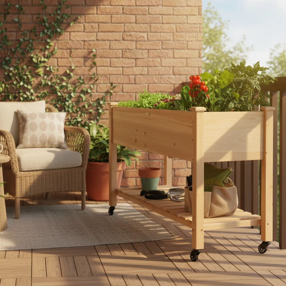 122x55x81cm Raised Wooden Garden Planter Bed with Lockable Wheels Lower Storage Shelf Drainage Holes & Liner Elevated Standing Herb Vegetable Flower Growing Box for Patio Backyard Balcony Indoor Outdoor Gardening