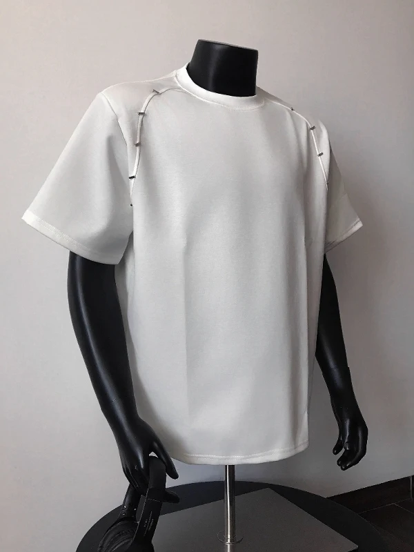 الرجال النساء 2025 الصيف المعادن حبة الكتف خط تصميم منصات الكتف قصيرة الأكمام بسيطة تي شيرتات قطن الرجال الراقية القمم #4