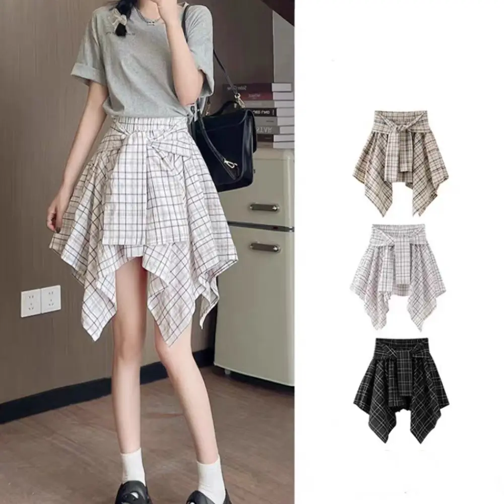 

Sweet Irregular Plaid Shirts Skirt A-line Lace-up Fake Two-piece Skirts High Waist Streetwear Plaid Shorts Skirt Female