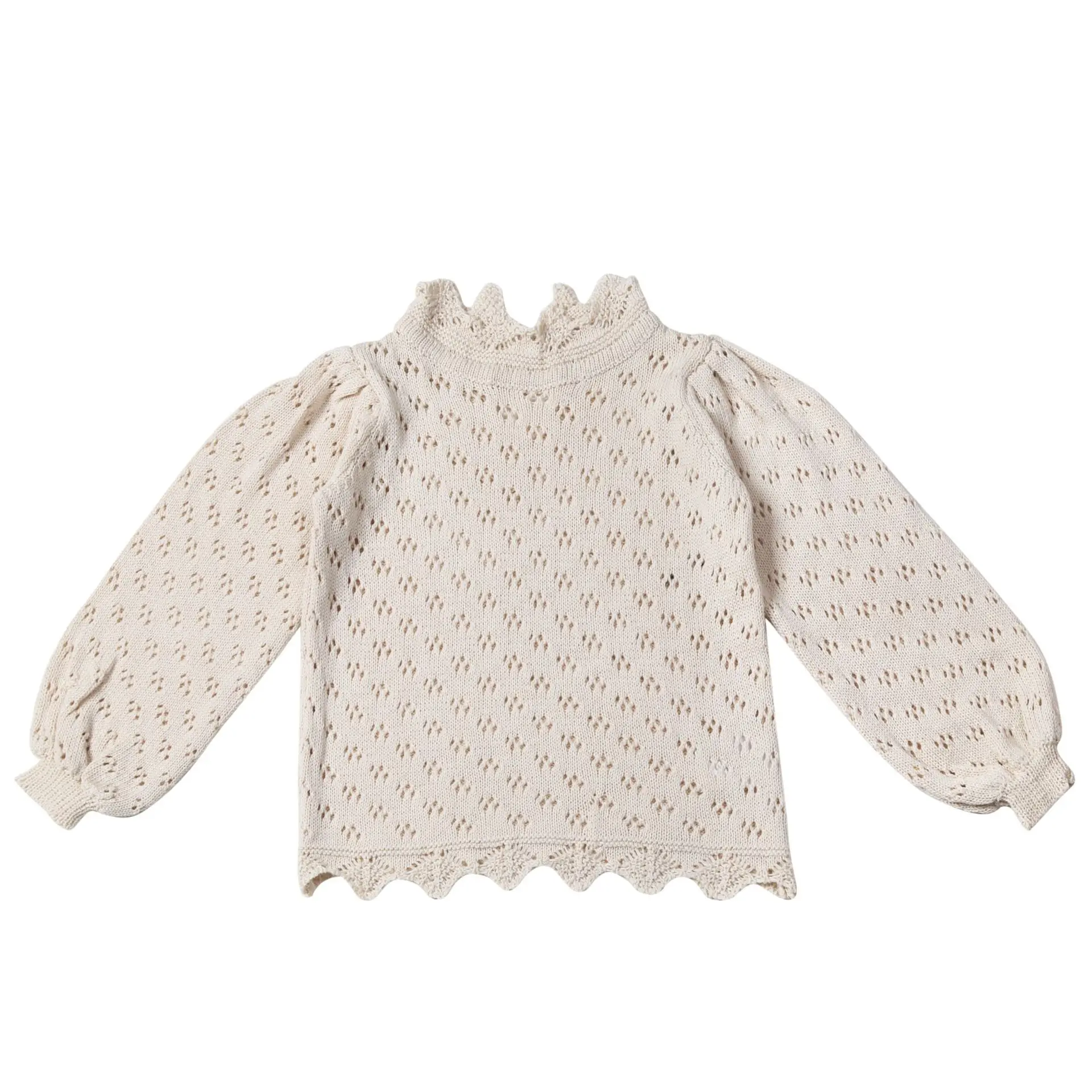 New Autumn Knitted Hollow Out Baby Girls Sweaters Puff Sleeve Solid Color Tops Toddler Kids Princess Pullovers Sweater