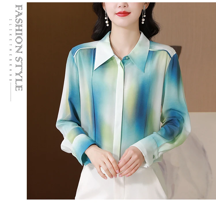 FANIECES Casual Women Satin Shirt Fashion Gradient Print Blouses Autumn Long Sleeve Lapel Button-up Female Shirts OL Tops Blusas