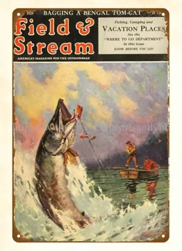 wall to wall home decor 1929 Field and Stream FISHING NORTH PIKE metal tin sign