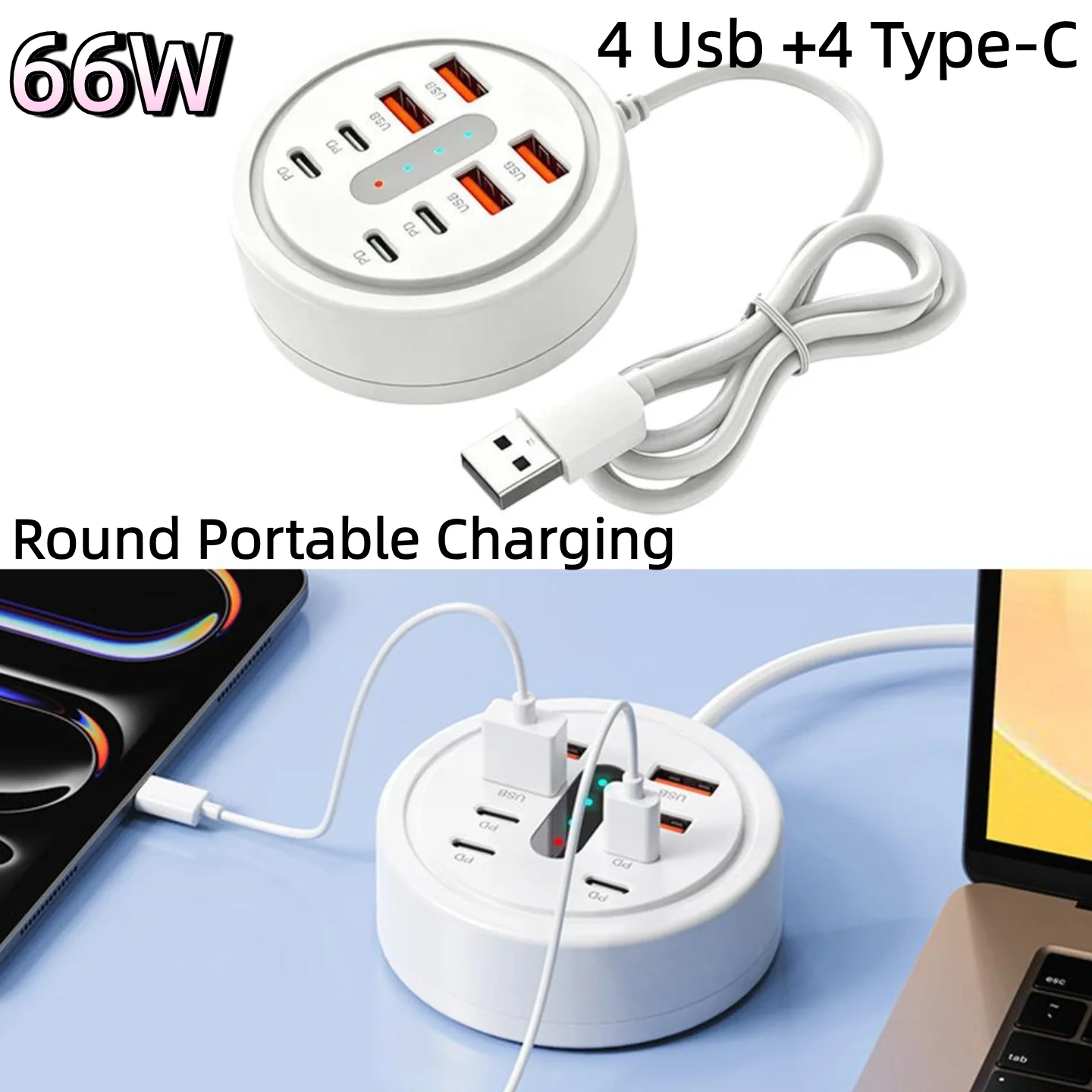 66w 8-Port Usb Fast Charger 4 Usb +4 Type‑C Round Portable Charging For Home Office Devices Charging