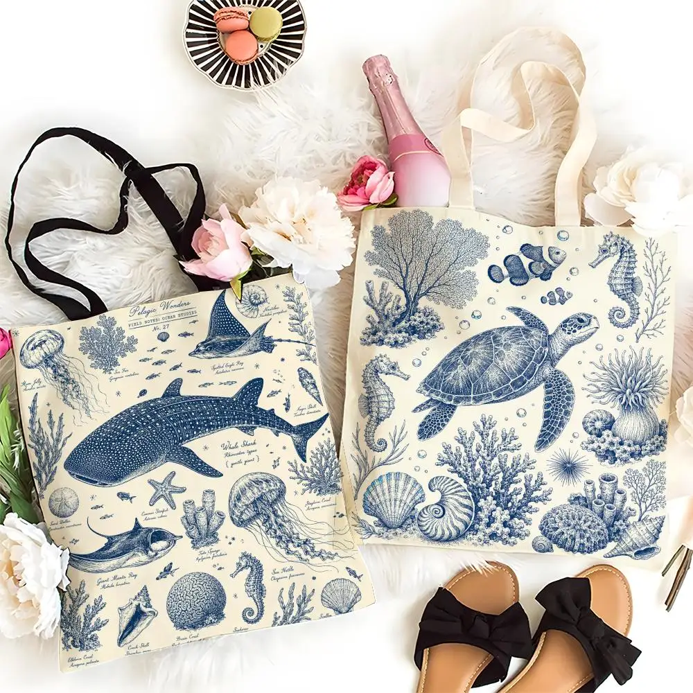 Retro marine creature print Storage Bags Canvas Beach Bag Large Capacity Durable Shoulder Handbag Daily Shopping Travel Bag