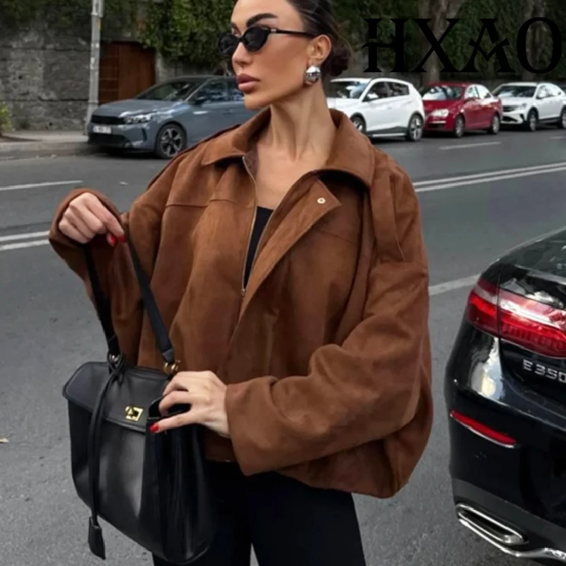 

HXAO укороченное женское пальто-бомбер с длинным рукавом, куртка из искусственной замши, женская верхняя одежда на молнии, осенне-зимнее пальто большого размера, женское