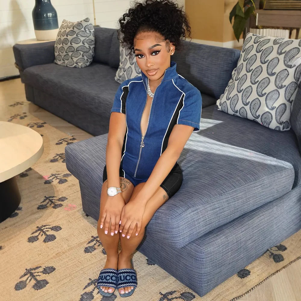 2025 Spring and Summer Fashion New Sexy Stand Collar Zipper Casual Short Sleeve Denim Colorblock Jumpsuit