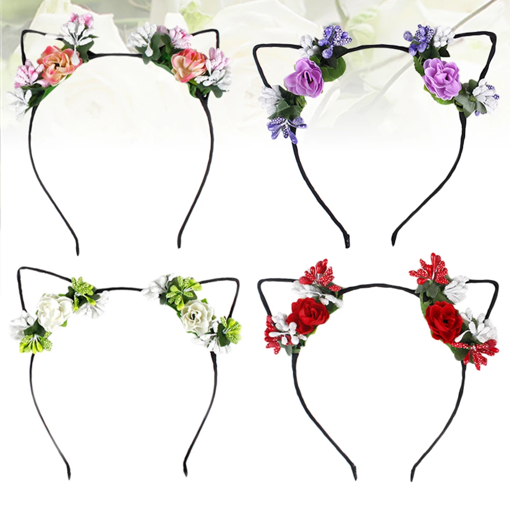 

4 Pcs Cat Ears Headband Flower Decorated Durable Cloth Women Girls Masquerade Ball Costume Party Hair Accessories
