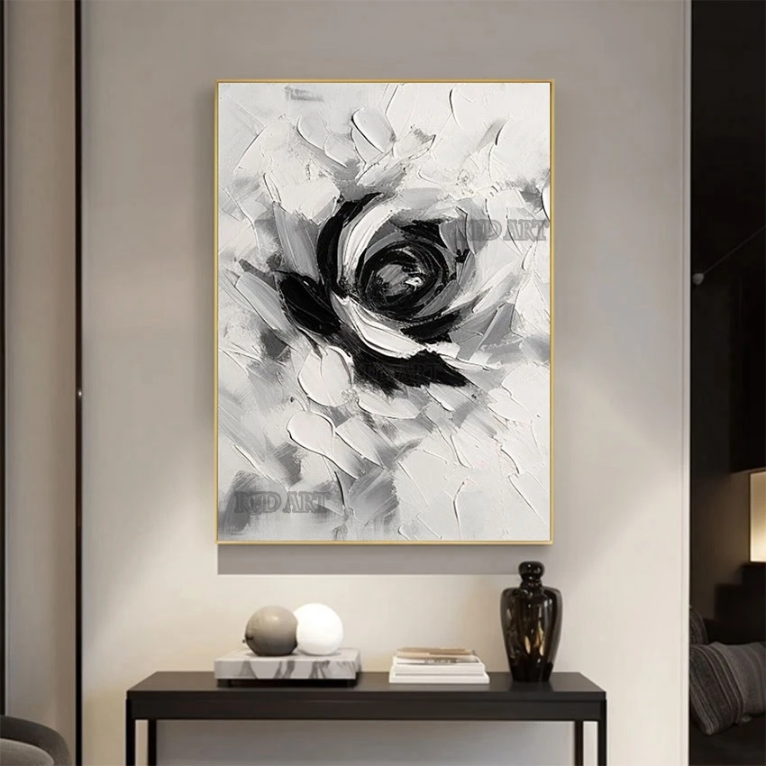 Pintura al óleo abstracta de flor de Poney grande en blanco y negro, lienzo de pared, imagen de cuchillo de paleta, decoración artística de Hotel grande sin marco