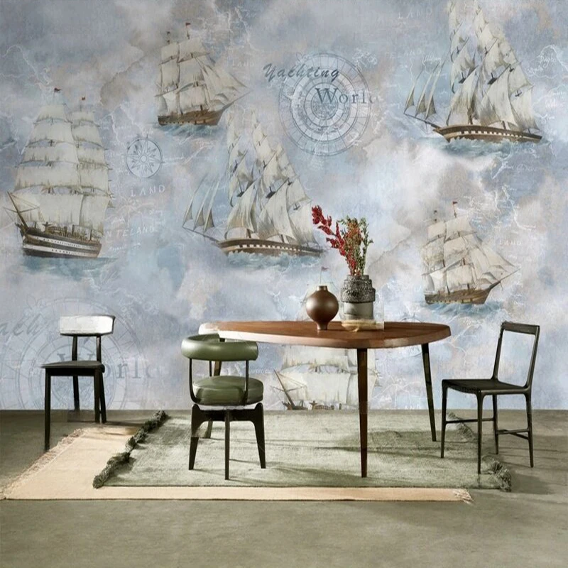 Wall Mural Wallpaper Nordic Retro Sailing Ship Design Background Print hallway wall Bedroom Office Decor Wall Papers pattern