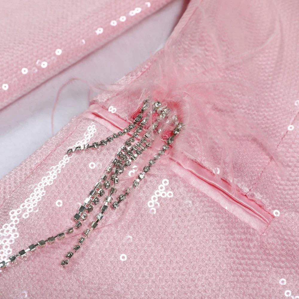 Pink  Sequins Fashion Coat Solid Loose Spliced Feather Blazer Women Lapel Long Sleeves Patchwork Clothing New party outfit