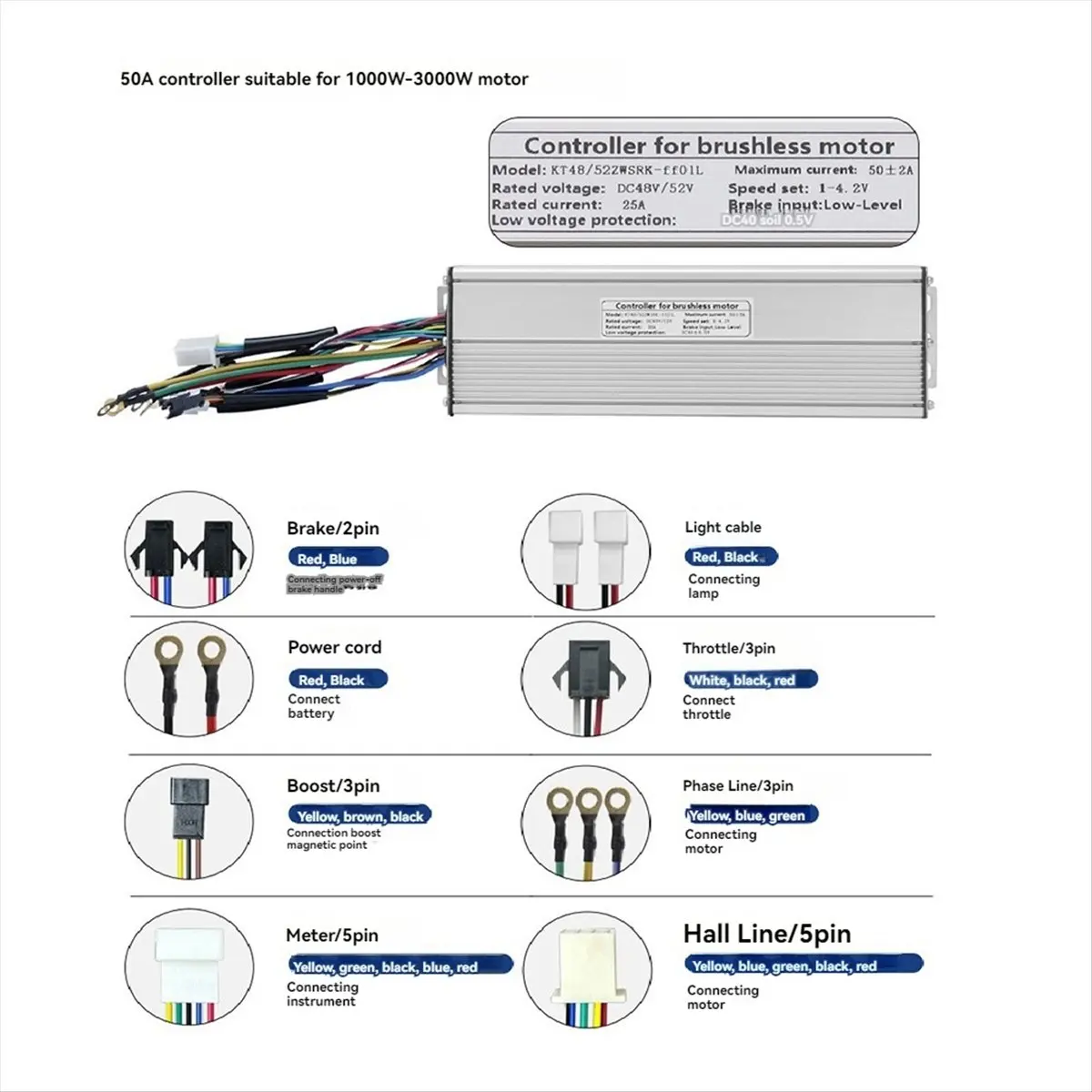 

XFDZ Electric Bike Controller 50A 48V/52V 18 Tube Ebike Square Wave Controller for Ebike Motor Conversion for KT LCD Display