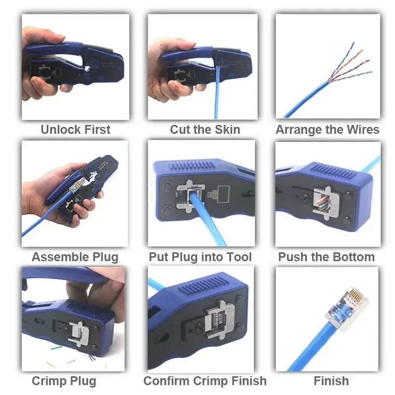 WoeoW Ethernet Crimper, Ferramenta de Crimpagem de Rede EZ, Wire Stripper Cutter para Cat6a Cat5, RJ45 Pass Through
