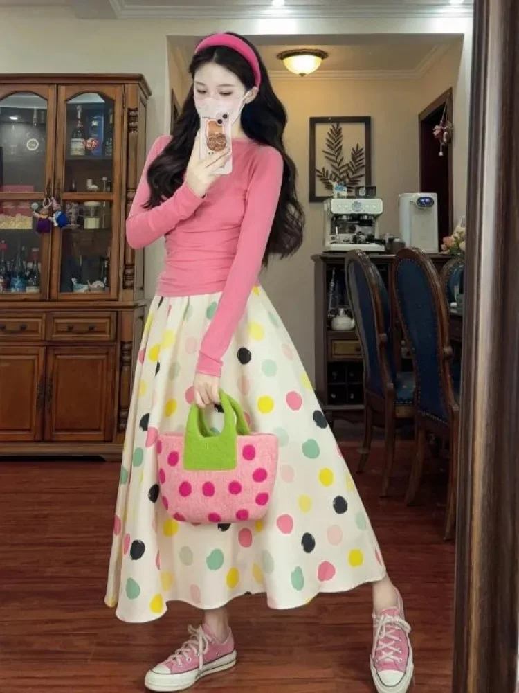 Fashion Sweet Pink Yellow Polka Dot Full Skirts Korean Mori Girl Sweet Y2K Skirt Elastic Waist Mid Length Young Kawaii Summer