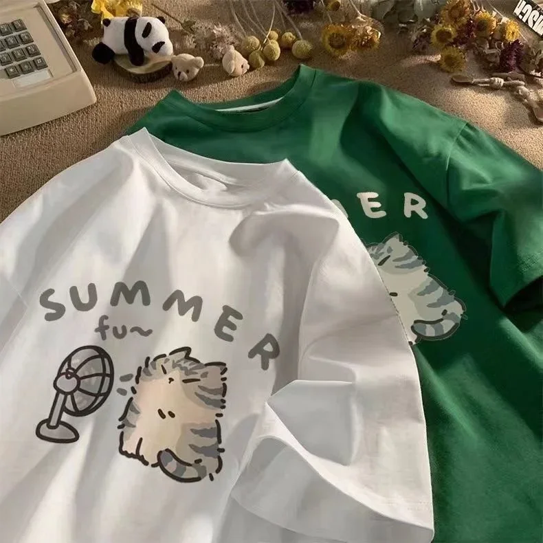 Korean Minimalist Cartoon  Cute Cat Printed Summer T-shirt Casual Round Neck Short Sleeves Creative Fashion Women's Clothing image 4
