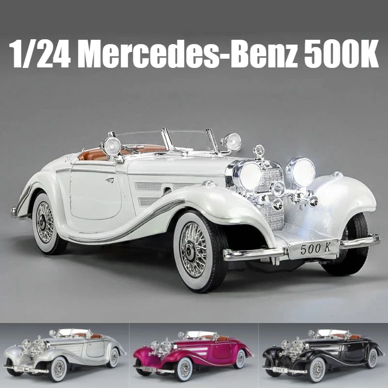 1/24 Mercedes-Benz 500K Classic Vintage Car Toy for Children Diecast Alloy Miniature Model Sound Light Collection Gift For Boys