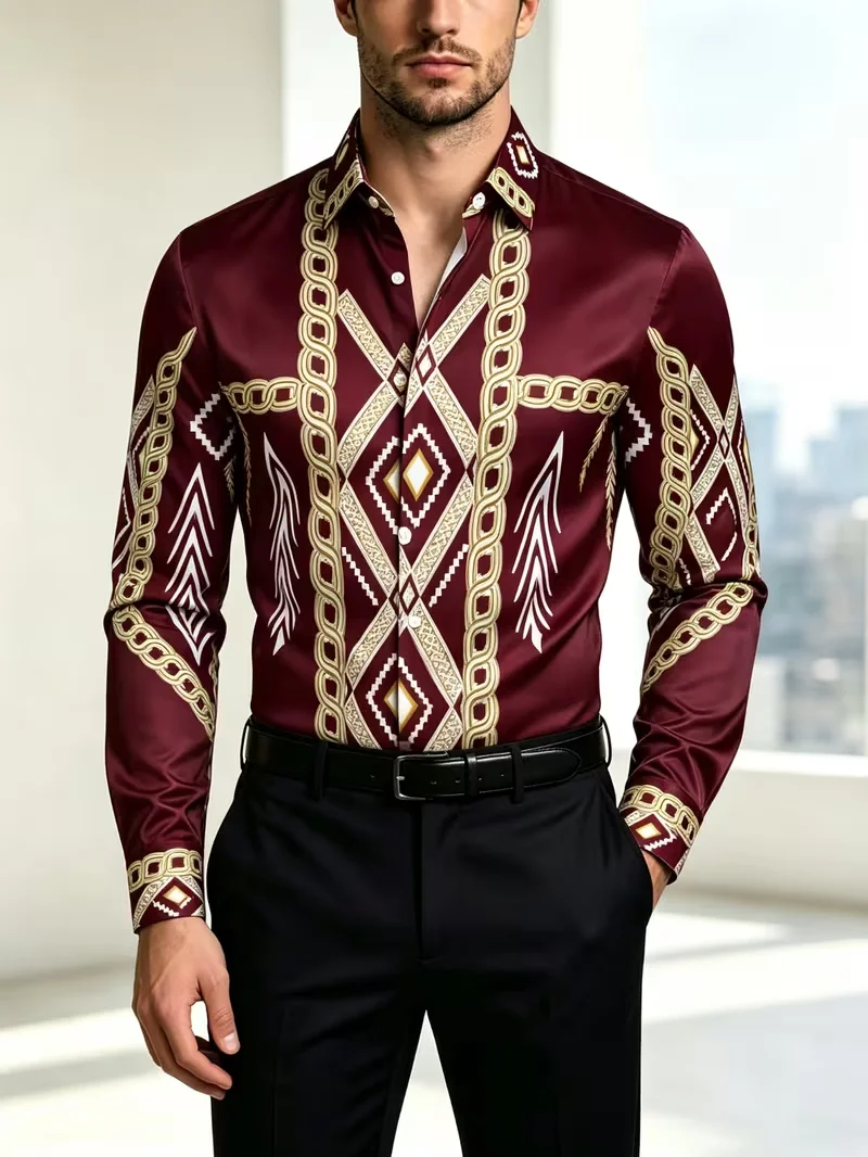 New men's beige long sleeved shirt with green gold floral 3D printed collar and slim fit single shirt