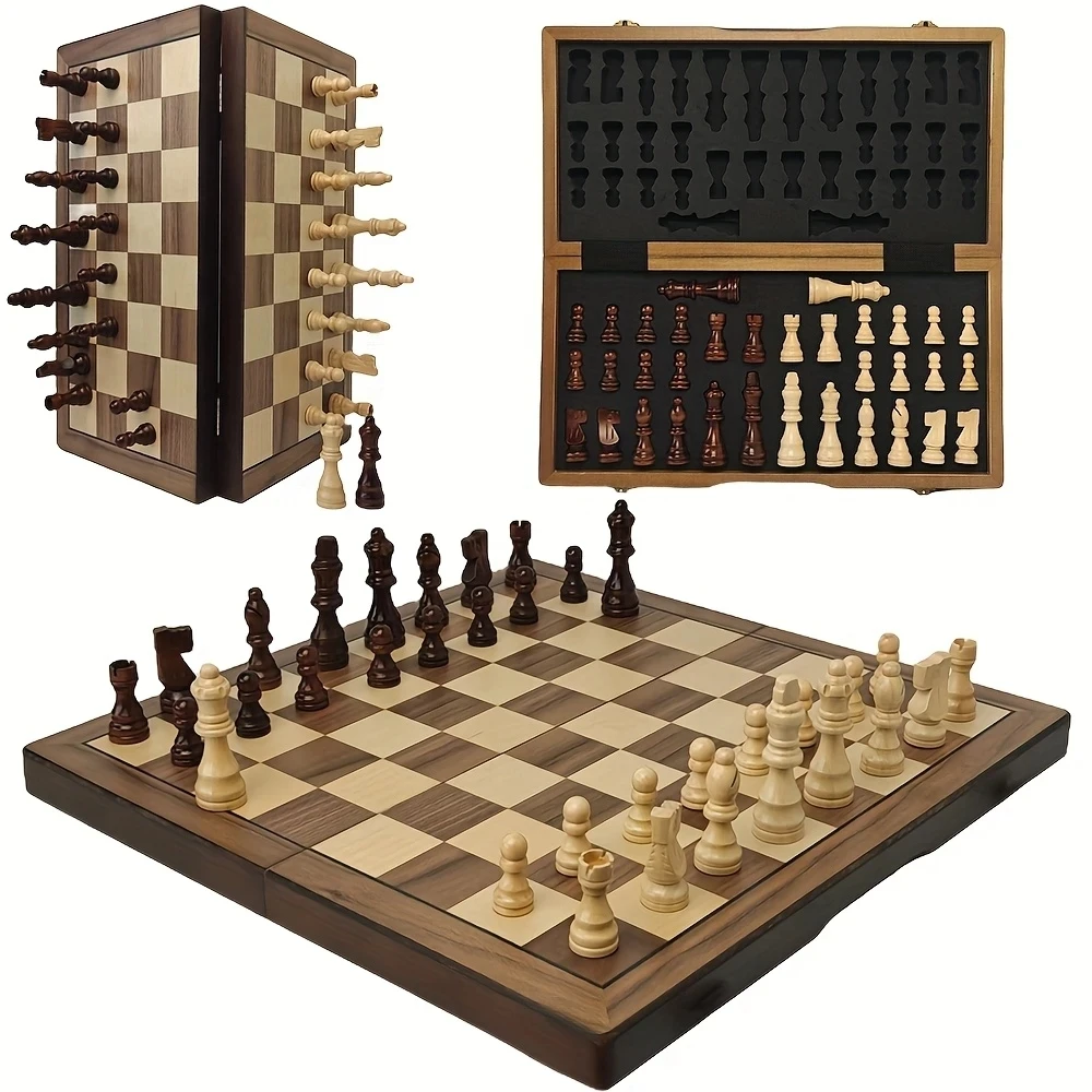 Chess 39cm/15.35inch magnetic wooden chess set with 2 additional queens, folding portable travel board, suitable for tournament