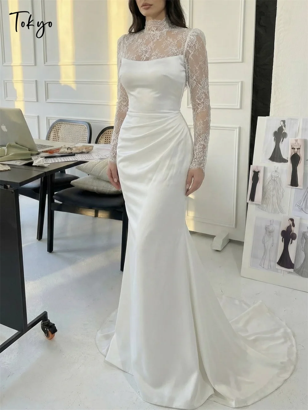 

Белые свадебные платья с высоким вырезом по индивидуальному заказу, элегантные свадебные платья с длинными рукавами, 2025 г., свадебные платья с русалкой и шлейфом