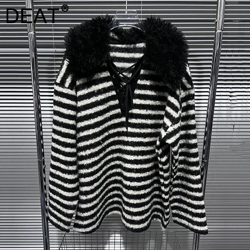 DEAT 2024 Winter Fashion Women's Striped Contrast Color Knitted Pullovers Loose Casual Lamb Wool Collar Splice Sweater 33A2234