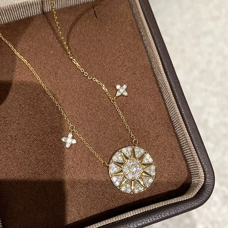 

S925 Sterling Silver Geometry Round Star Compass Zircon Pendant for Women Fine Jewelry Light Luxury Minimalist Accessories