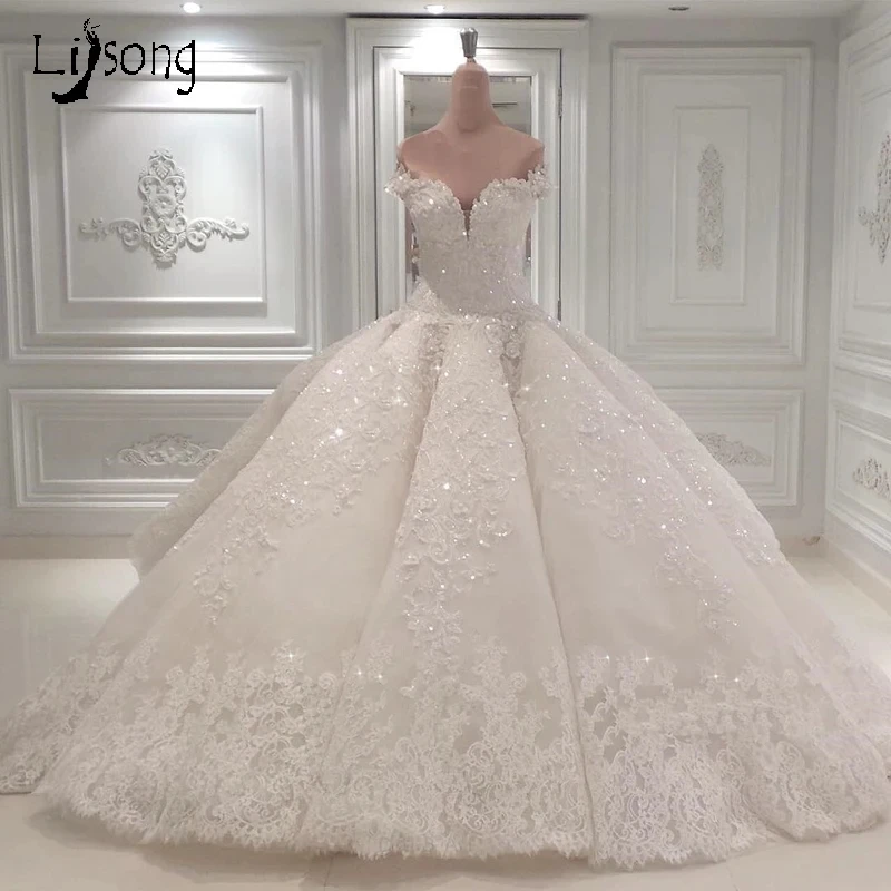 

Luxury Dubai Lace Wedding Dresses Sparkle Beaded Crystal Lace Bridal Gowns Arabic Illusion Back Vestido De Noiva Casamento