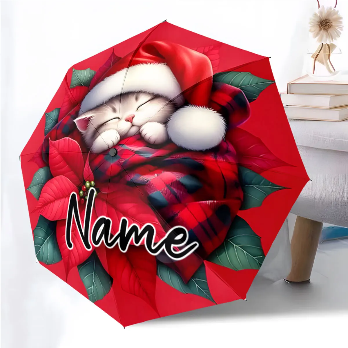 Custom Name Cute Christmas Cat Design on Red Umbrella Print 8 Iron Ribs Folding Umbrella, Auto-Open Fashion Sunshade