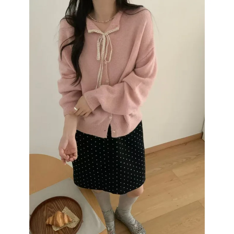 

All Match Turn Down Collar Long Sleeve Cardigan Y2k Korean High Street Splicd Lace Knitted Single Breasted Sweater Sweet Clothes