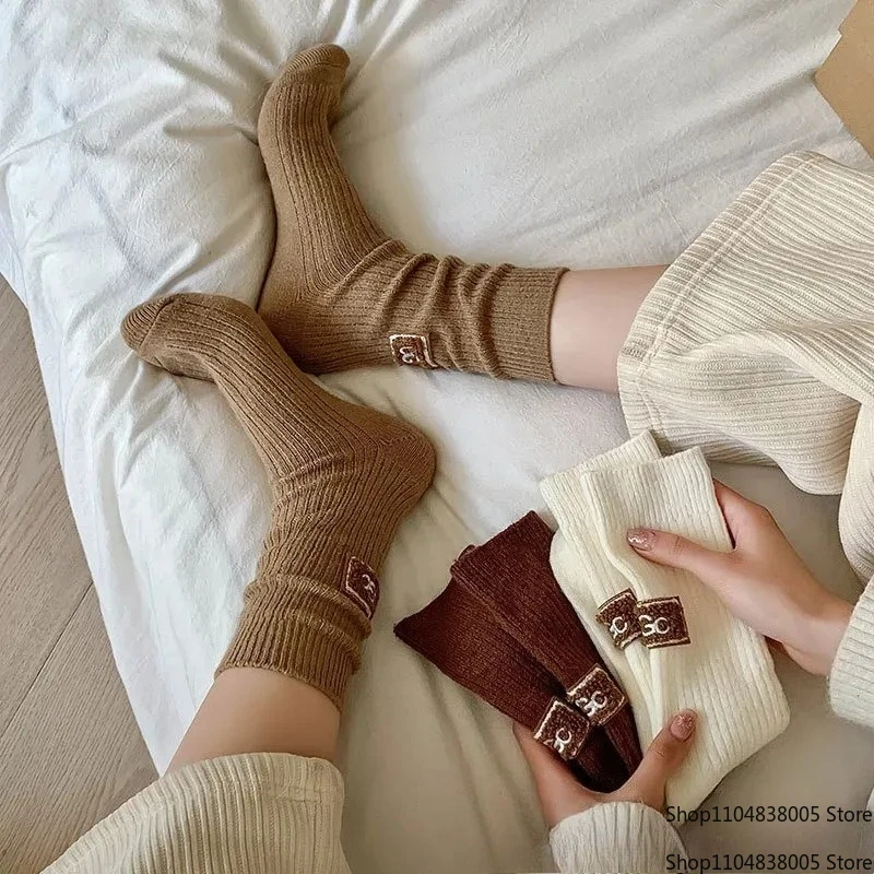 

Зимние уютные утолщенные ворсовые носки длиной до середины икры, повседневные хлопковые мягкие теплые вязаные зимние ботинки, чулочно-носочные изделия с буквенным принтом