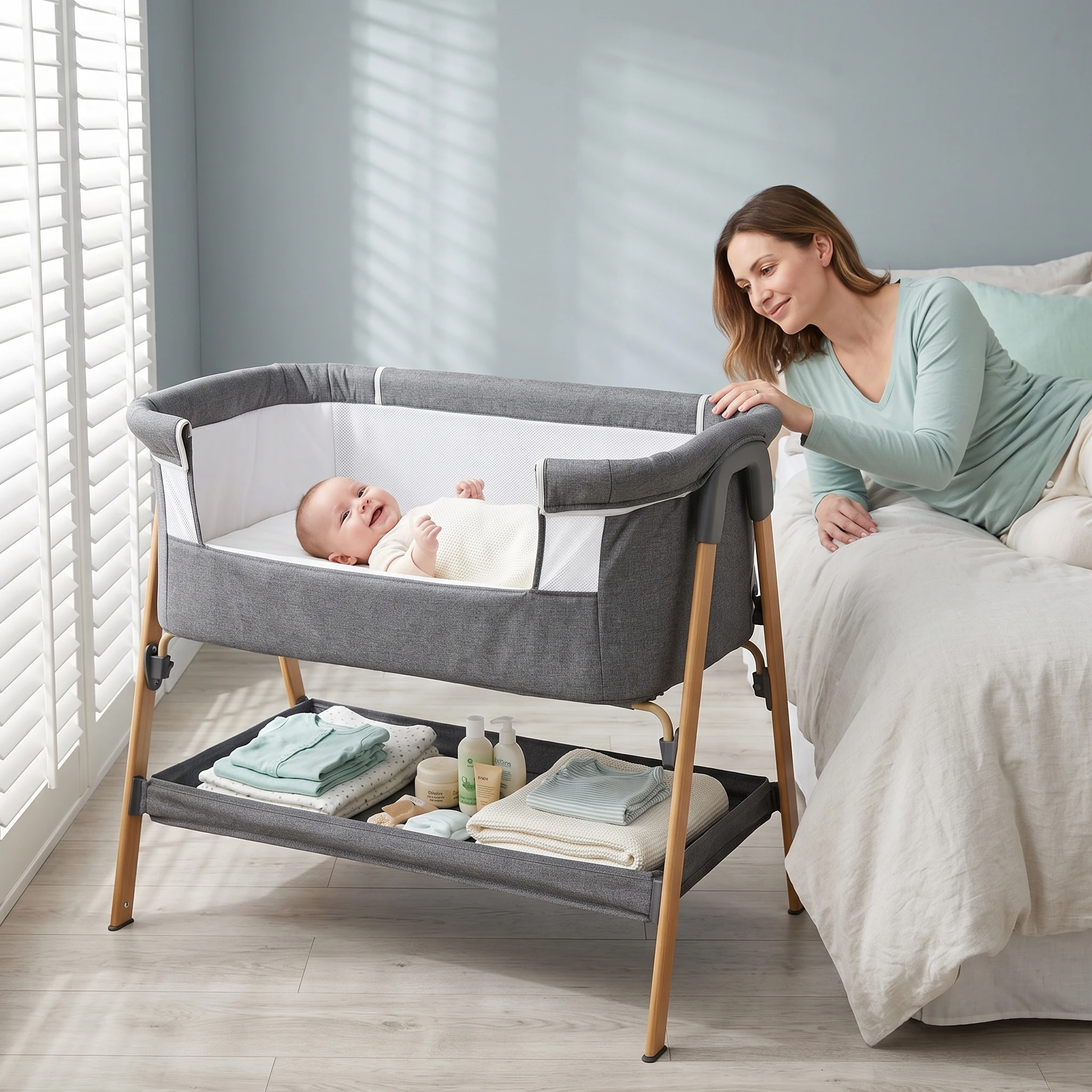 Baby-Beistellbett, 2-in-1 Co-Sleeping-Babybett mit atmungsaktivem Netzgewebe und großem Aufbewahrungskorb, umwandelbares Kinderbett für Neugeborene, werkzeuglose Montage, maschinenwaschbar