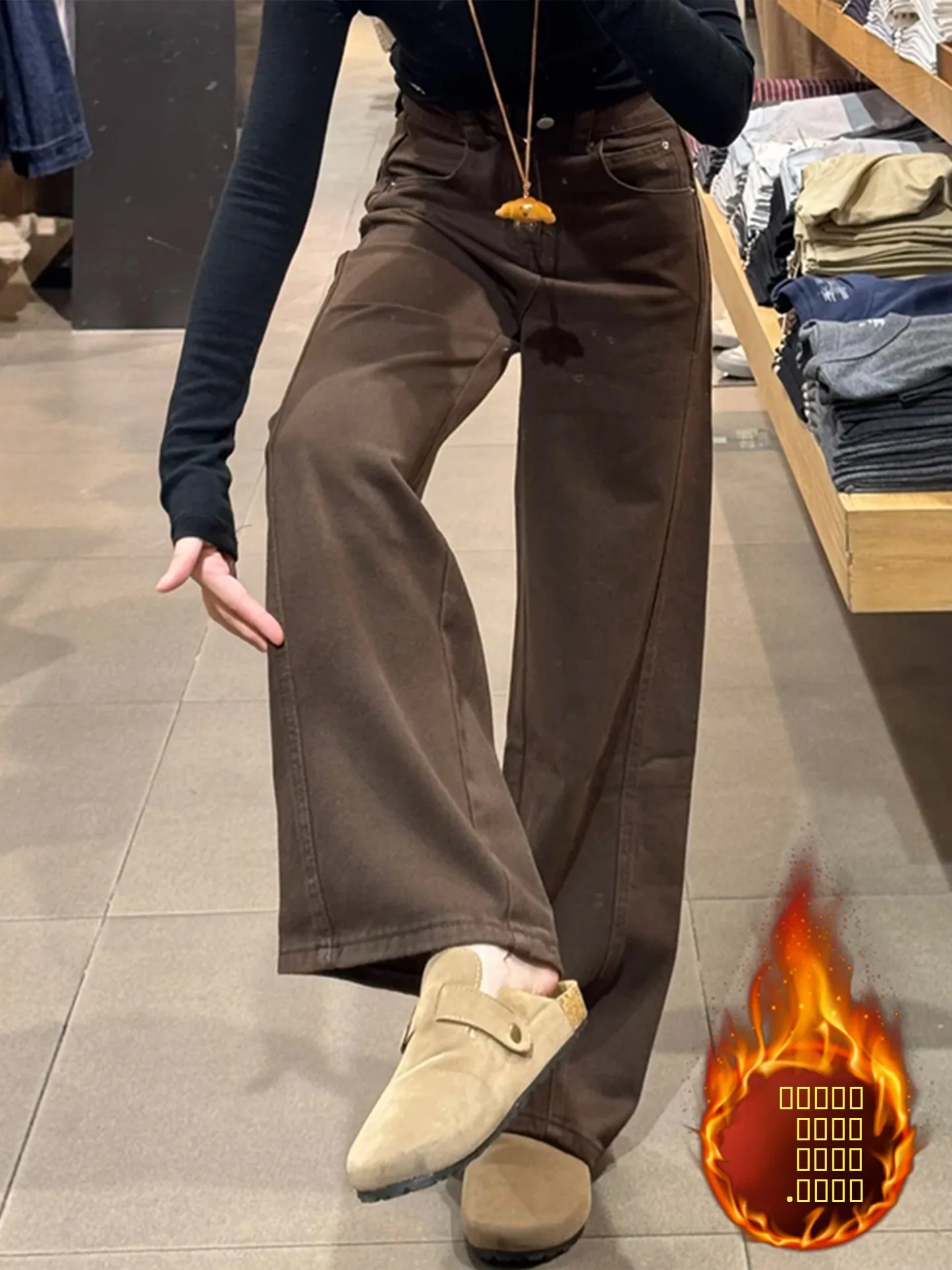 

Джинсы с высокой талией и широкими штанинами из денима для женщин, осенне-зимние, утепленные флисом, облегающие, в американском стиле