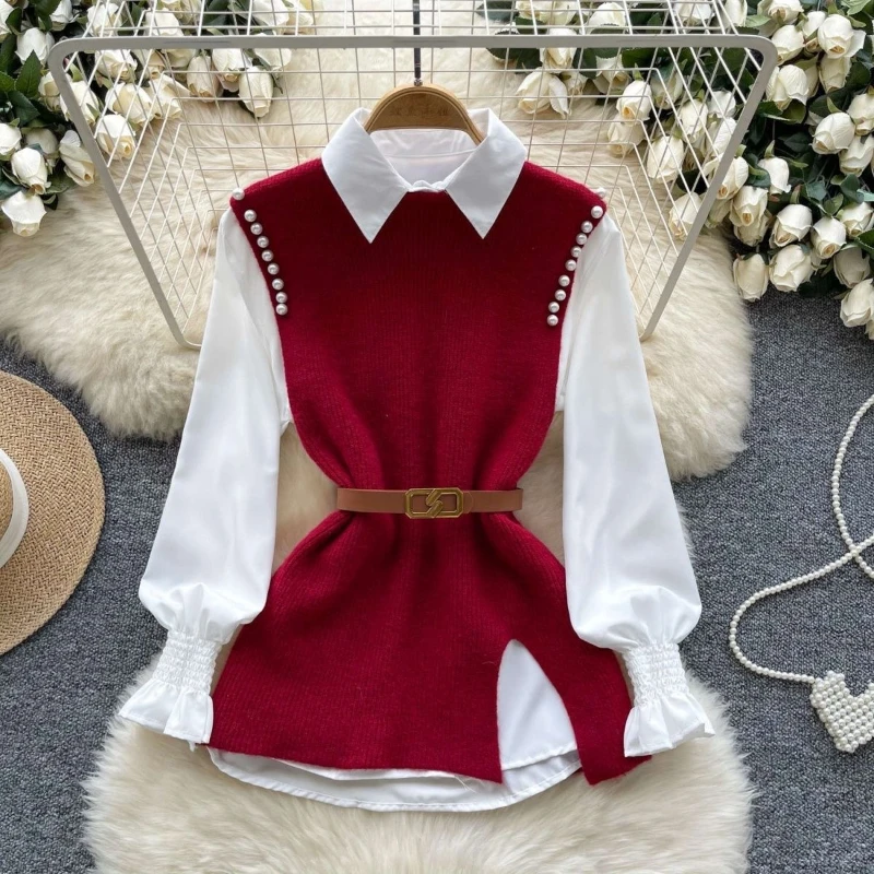 

Autumn Vintage Beaded Design Slit Knitted Vest Sweaters+Long Sleeve White Shirts Women Fashion Commute Two Piece Set