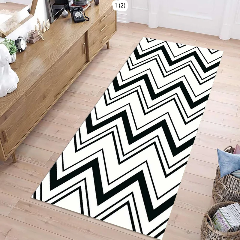 Black White Herringbone Pattern Runner Rug Zigzag Geometric Design Floor Mat Modern Minimalist Style Soft Non-Slip Carpet