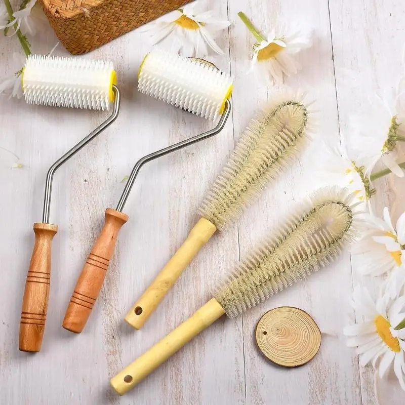 E06B 2 PCS Honeys Extractor uncaping Neadle Roller و 2 PCS Cleaning Bees Brush Honeys Eduction مع مقبض خشبي