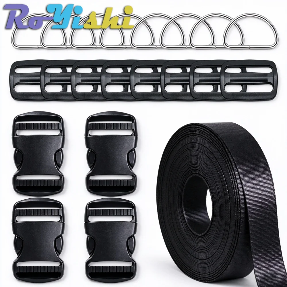 10-50mm Nylon Webbing Kit 5Yards,Plastic Buckles Tri-Glide Slides Metal D-Rings,DIY Backpack Strap Repair Making Accessory Set