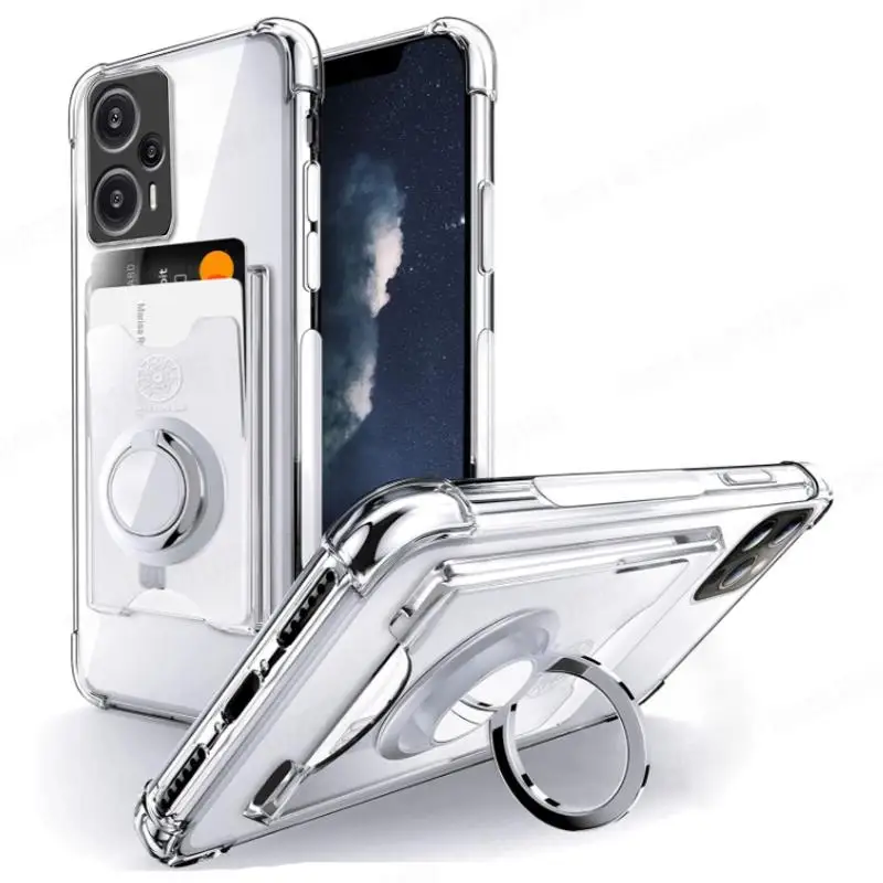 Wallet Card Slot Transparent Case For POCO F5 Pro Ring Stand Holder Soft Silicone Back Cover For Xiaomi POCO X5 X4 X3 GT M3