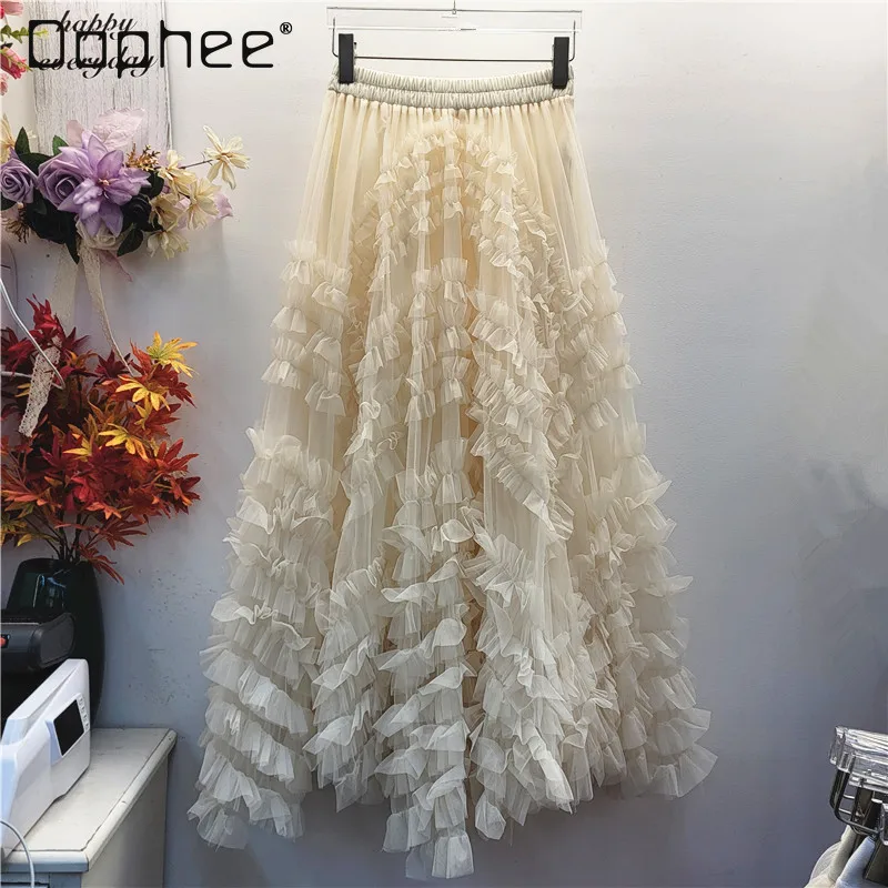 

Французская элегантная сетчатая полуюбка в сказочном стиле, модная эластичная талия, тяжелая юбка с рюшами и большим подолом, пышная юбка трапециевидной формы, женские юбки